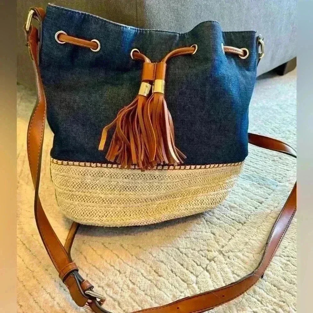 Urban Outfitters Navy Canvas and Tan Straw Bucket Shoulder Bag